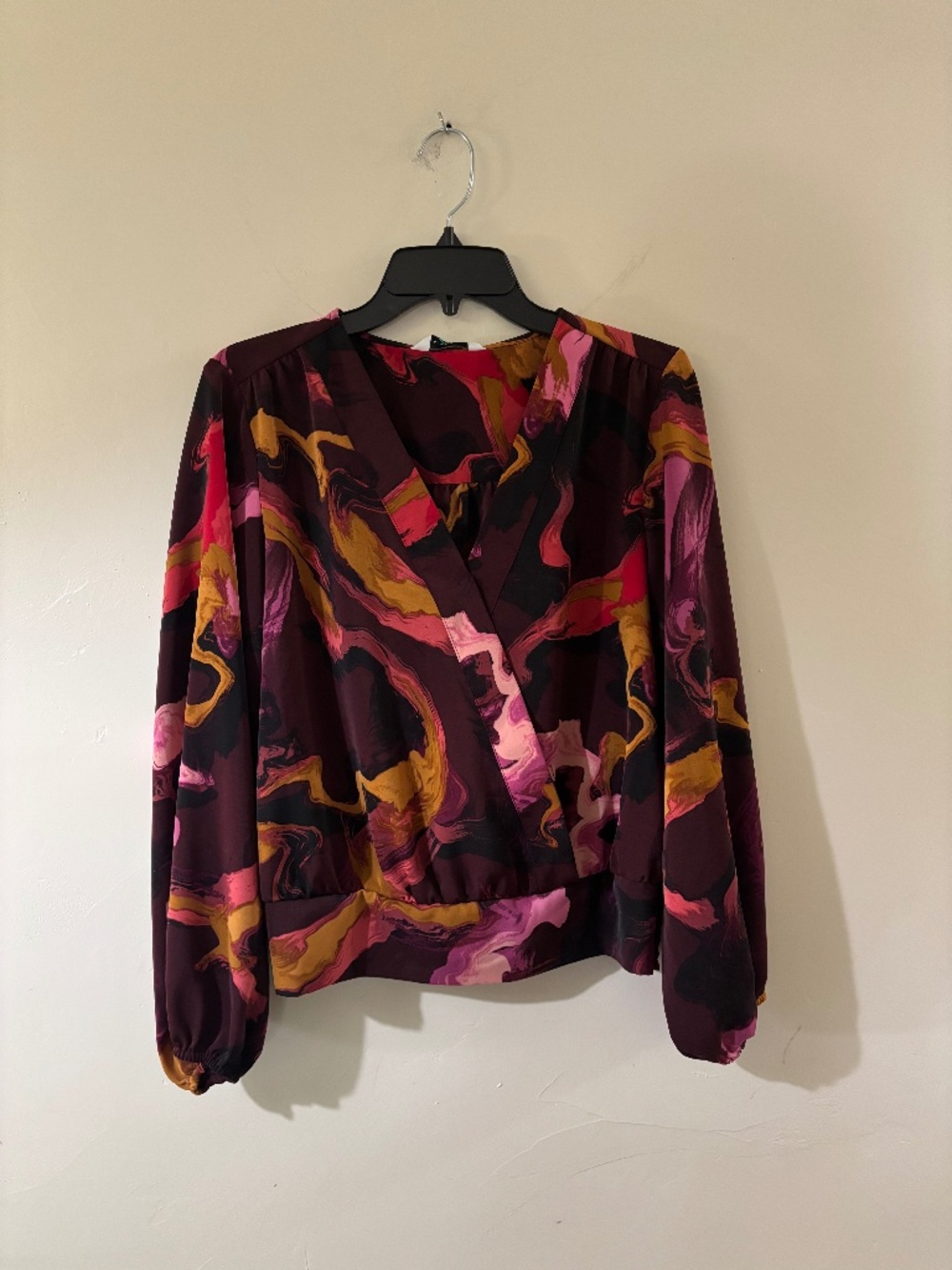 Burgundy, mustard, brown and pink watercolor crossover Nine West blouse